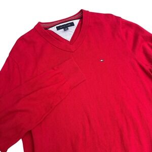 Tommy Hilfiger Mens L Red Cotton Knit Sweater V Neck Long Sleeve Preppy Pullover